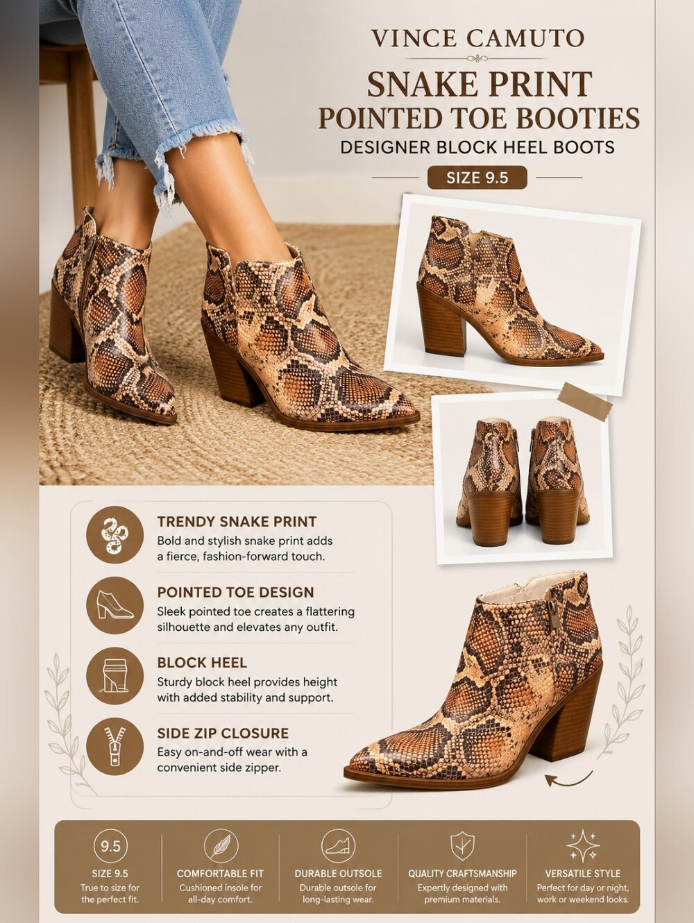 Vince Camuto Snake Print Pointed Toe Block Heel Ankle Booties Size 9.5